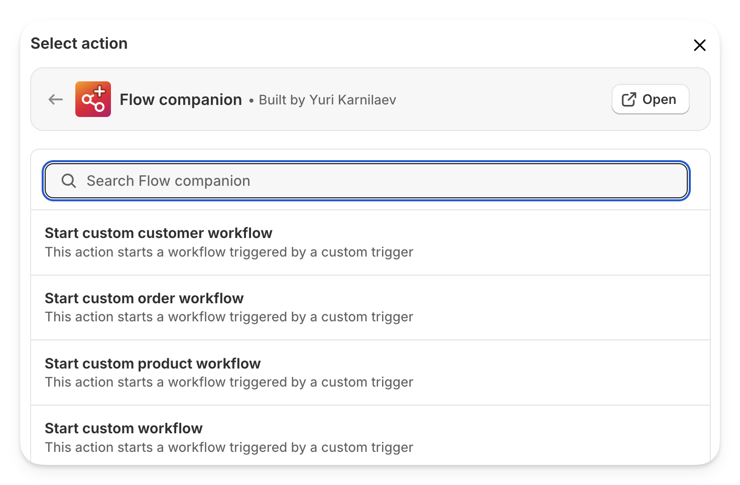 List of actions to start a custom workflow